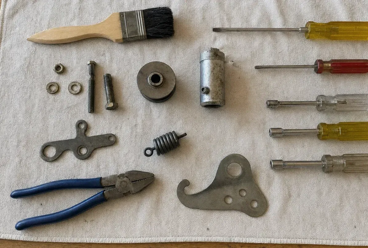 Hand tools laid out on a canvas cloth — paint brush, screwdrivers, pliers, a spring and small brackets with loose washers