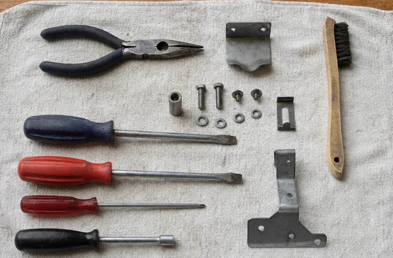 Long-nose pliers with red and black screwdrivers on a cloth beside a bracket, a wire brush and bolts