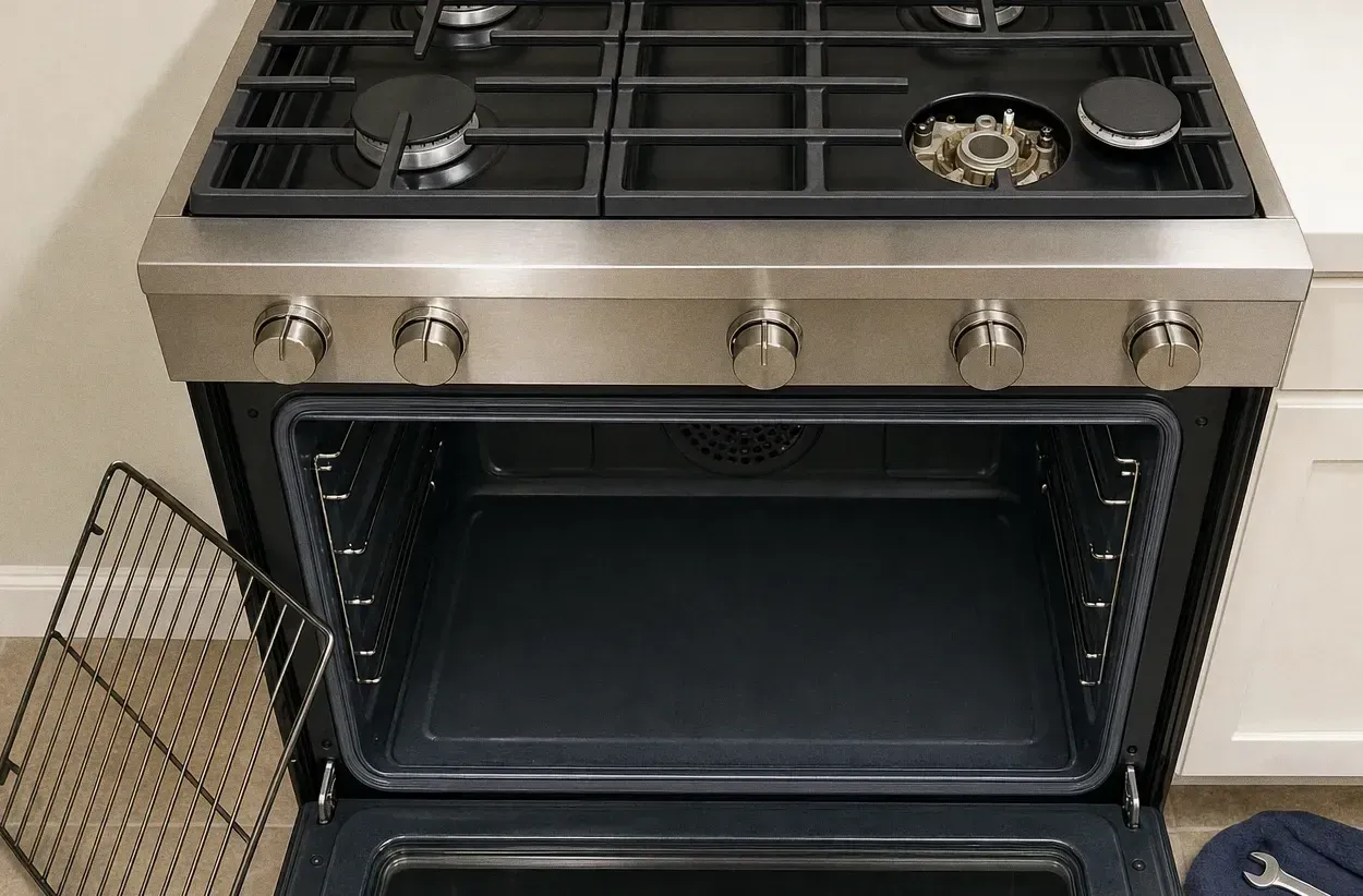 Stainless gas range with one burner head uncapped on the grates, the oven door open on an empty cavity and a rack on the floor