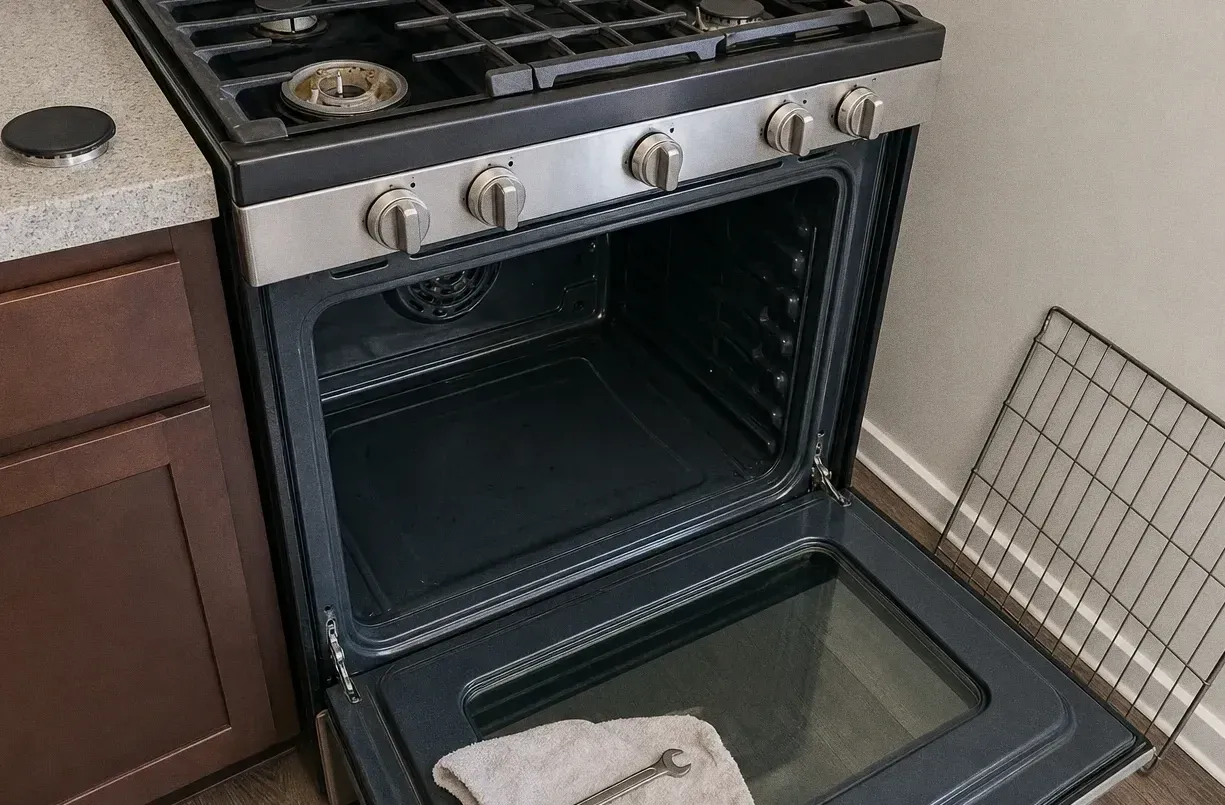 Stainless gas range with the oven door lowered on an empty cavity and the rack lifted out onto the floor