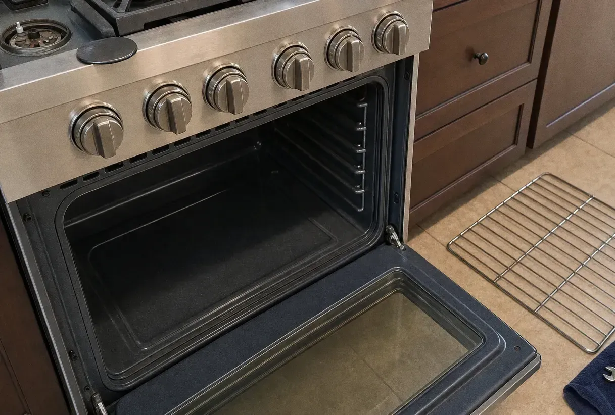 Five-knob stainless range with the oven door open, a rack standing on the tiles and a folded towel at the base
