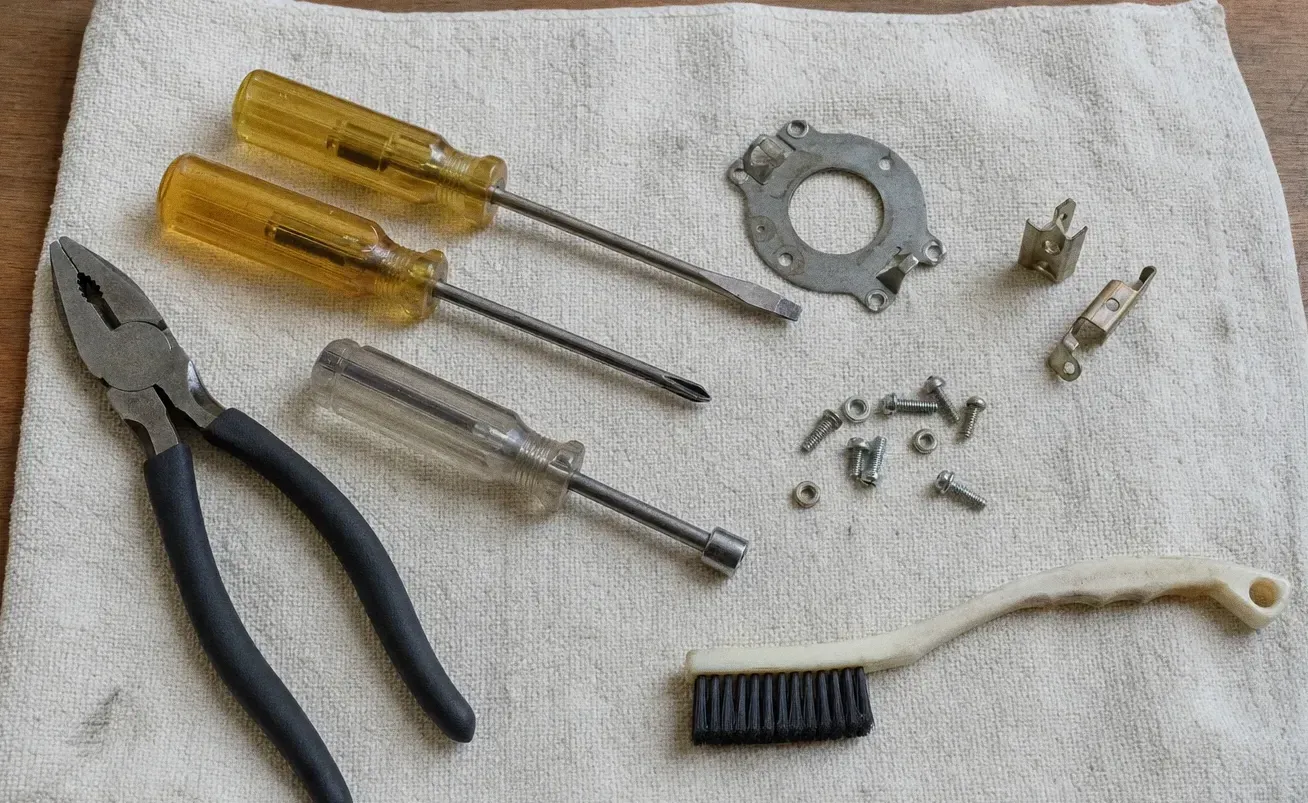 Screwdrivers and pliers on a cloth beside a round burner base, a brush and a handful of screws